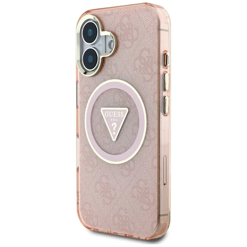 Guess IML Metal Glitter 4G Circle Triangle MagSafe – dėklas iPhone 16 (rožinis)
