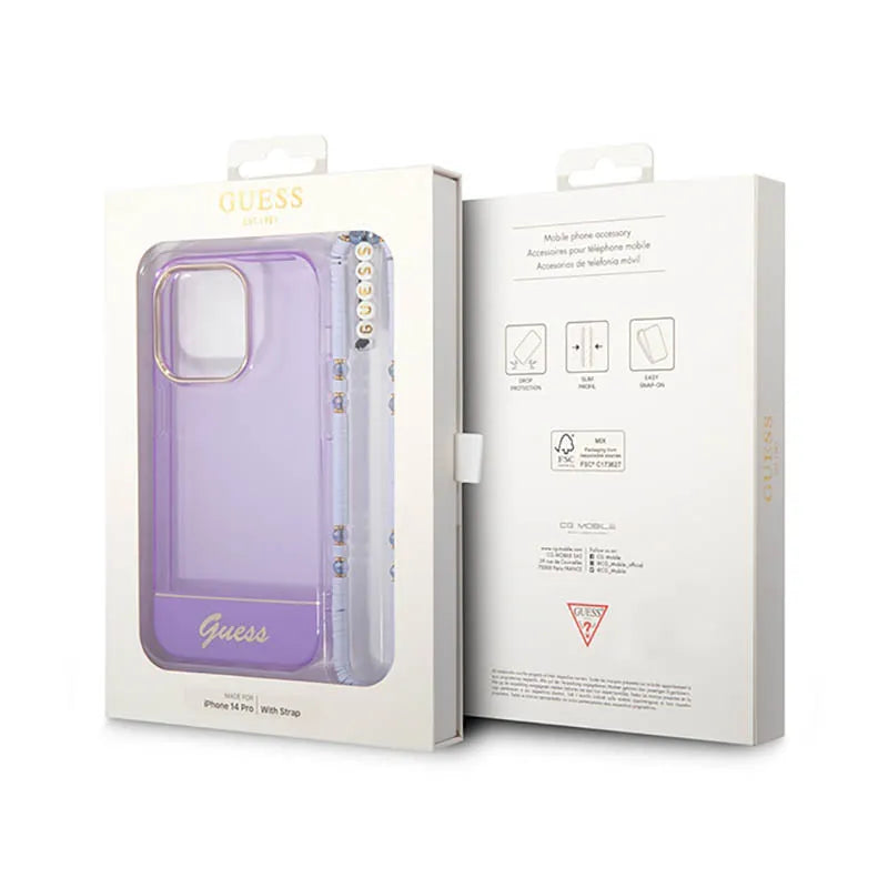 Guess Translucent Pearl Strap - Dėklas iPhone 14 Pro (Violetinis)