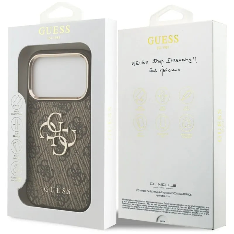 Guess 4G Big 4G Classic Logo – dėklas iPhone 17 Pro (rudas / auksinis)