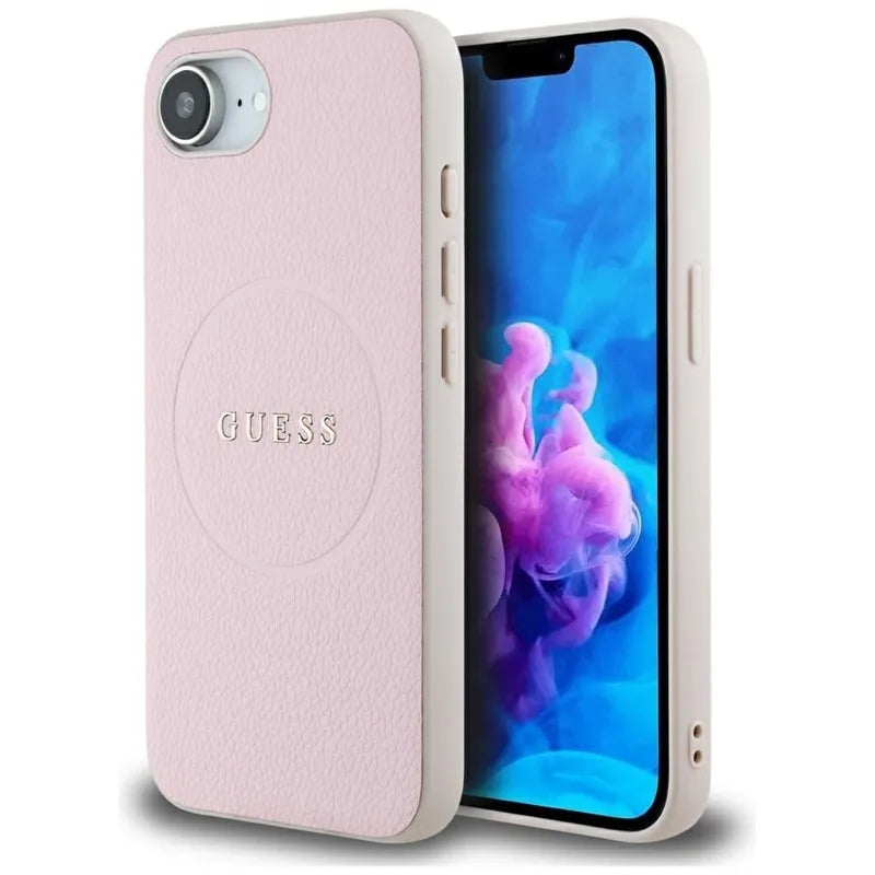Guess Grained Ring MagSafe – dėklas iPhone 16e telefonui (rožinis)