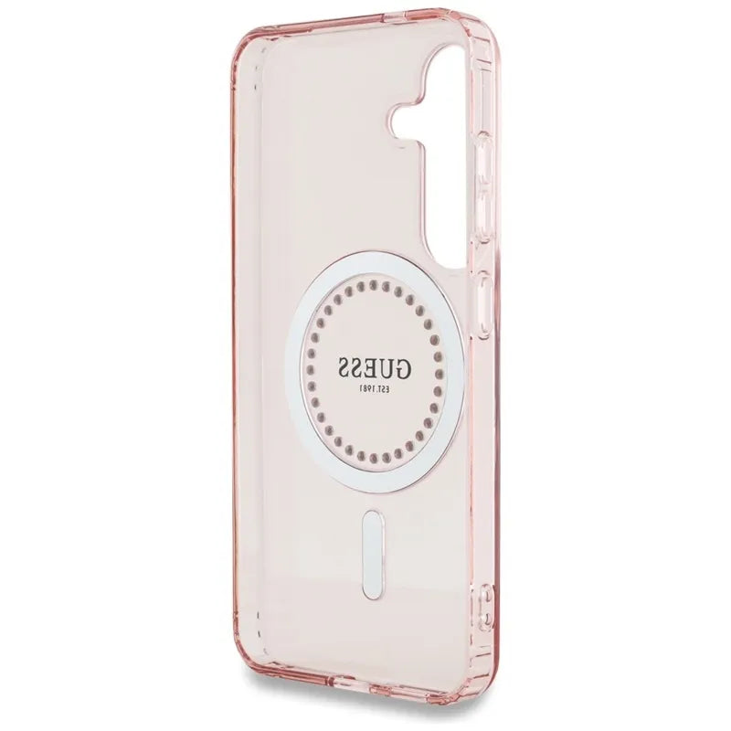 Guess Rhinestones Printed Classic Logo MagSafe - dėklas Samsung Galaxy S25 (rožinis)