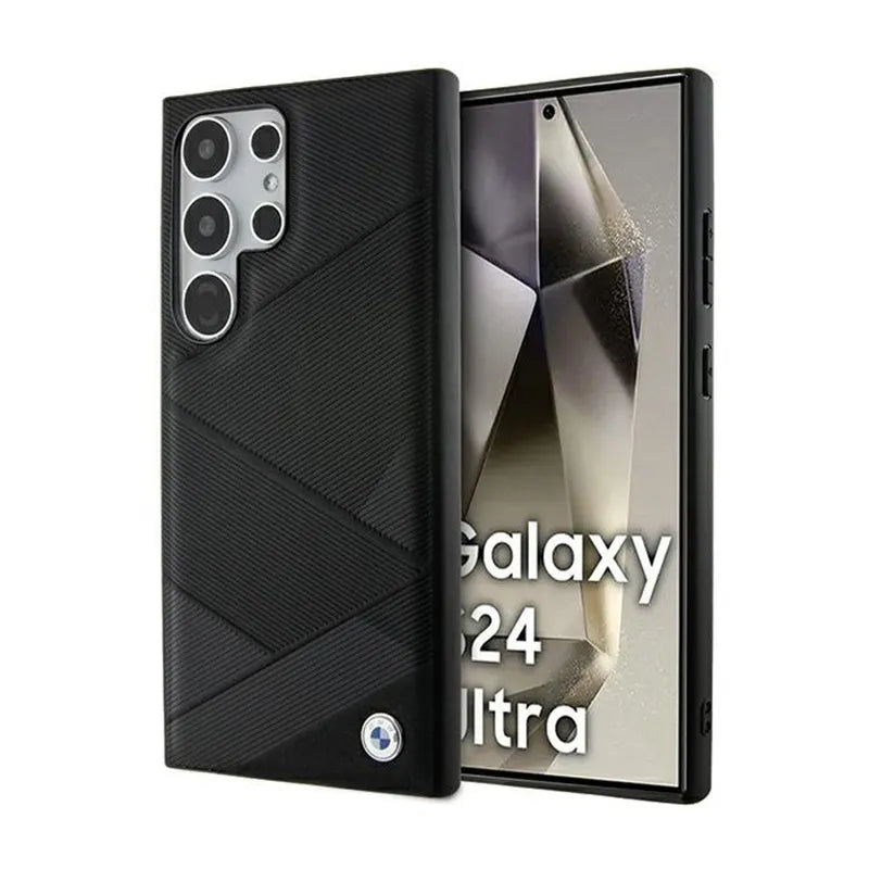 BMW Signature Leather Crossing Lines Pattern – dėklas Samsung Galaxy S24 Ultra (juodas)