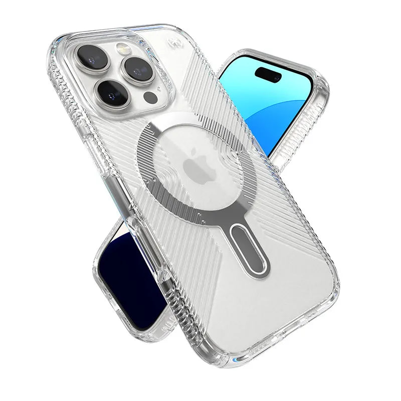 Speck Presidio Perfect-Clear Grip ClickLock & MagSafe – dėklas iPhone 16 Pro (skaidrus / chromuota apdaila / Serene Silver)
