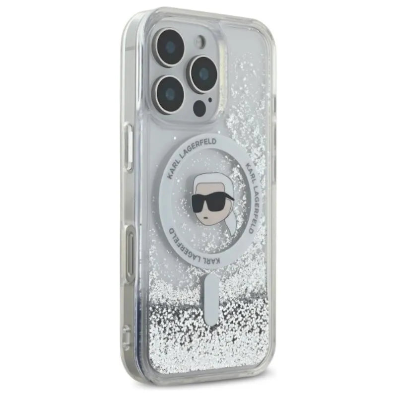 Karl Lagerfeld Liquid Glitter Karl Head MagSafe – dėklas „iPhone 16 Pro“ (skaidrus)