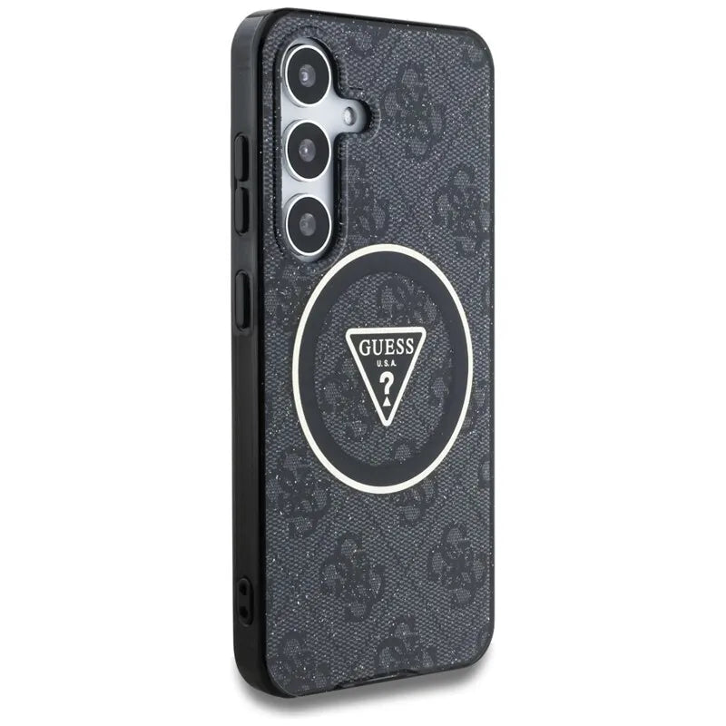 Guess 4G Glitter Triangle Buttons MagSafe – dėklas Samsung Galaxy S25 (juodas)