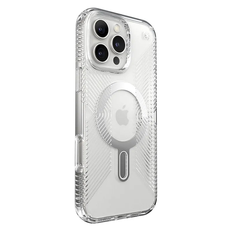 Speck Presidio Perfect-Clear Grip ClickLock & MagSafe – Dėklas iPhone 16 Pro Max (Skaidrus / Chromuota apdaila / Serene Silver)