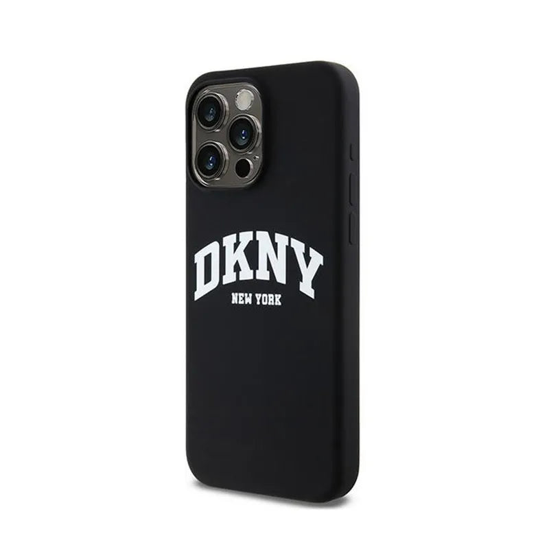 DKNY Liquid Silicone White Printed Logo MagSafe – dėklas iPhone 13 Pro Max telefonui (juodas)