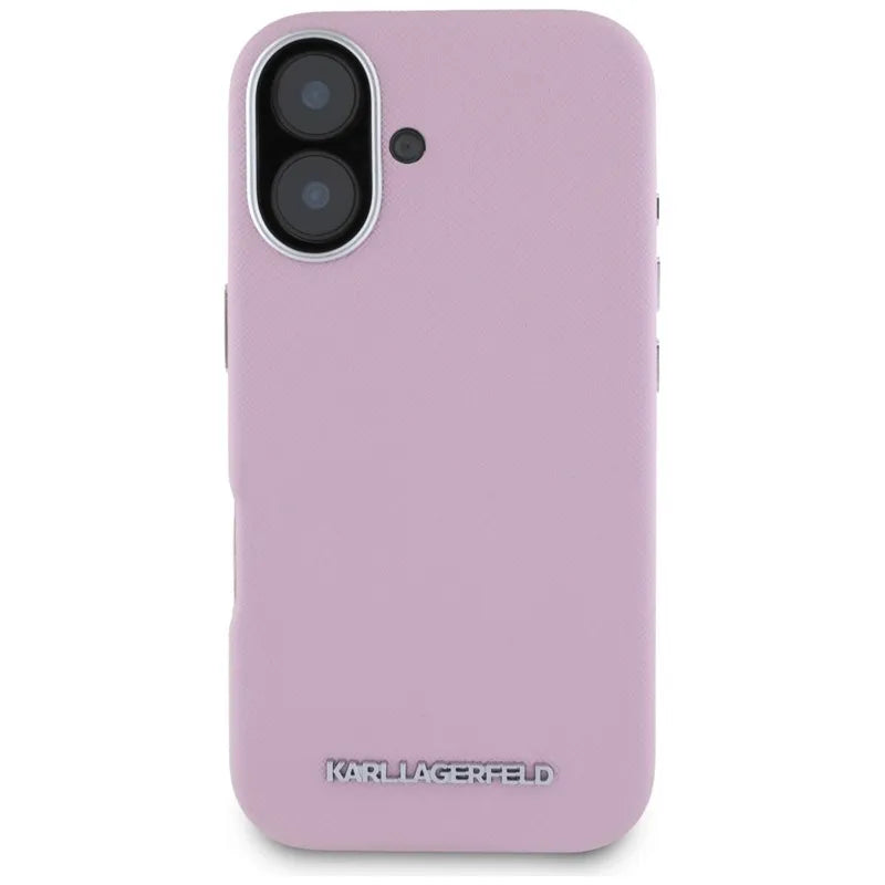 Karl Lagerfeld Saffiano Full Wrapped Elongated Metal Logo MagSafe - dėklas iPhone 16 (rožinis)
