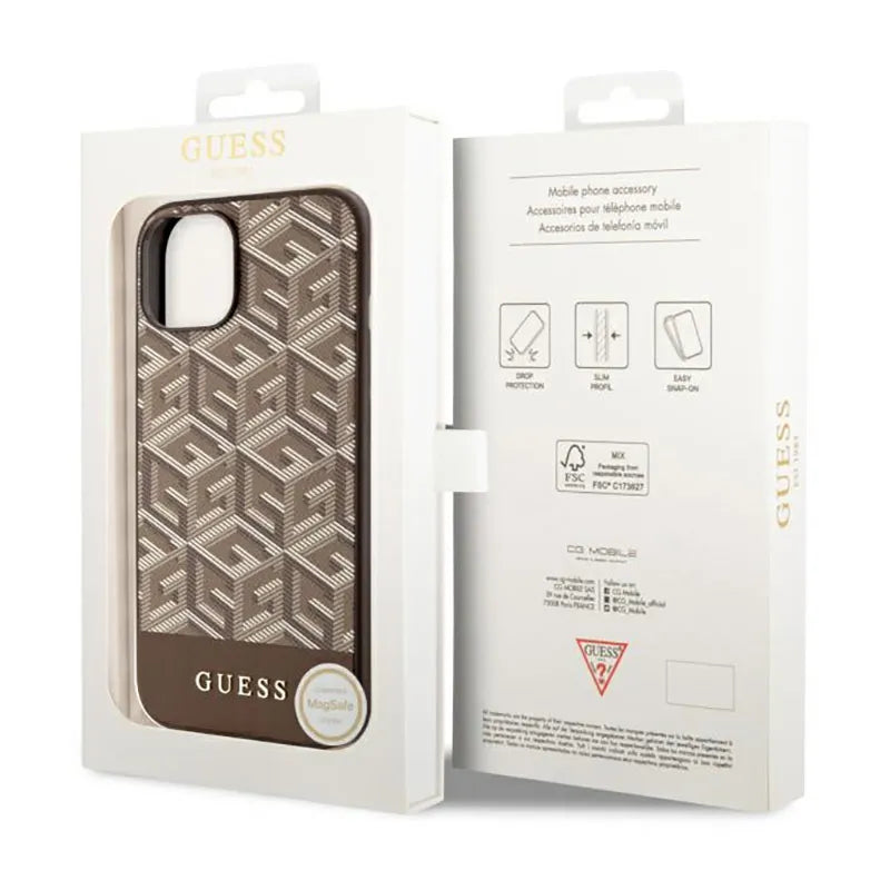 Guess GCube Stripes MagSafe – Dėklas, skirtas iPhone 14 Plus (ruda)