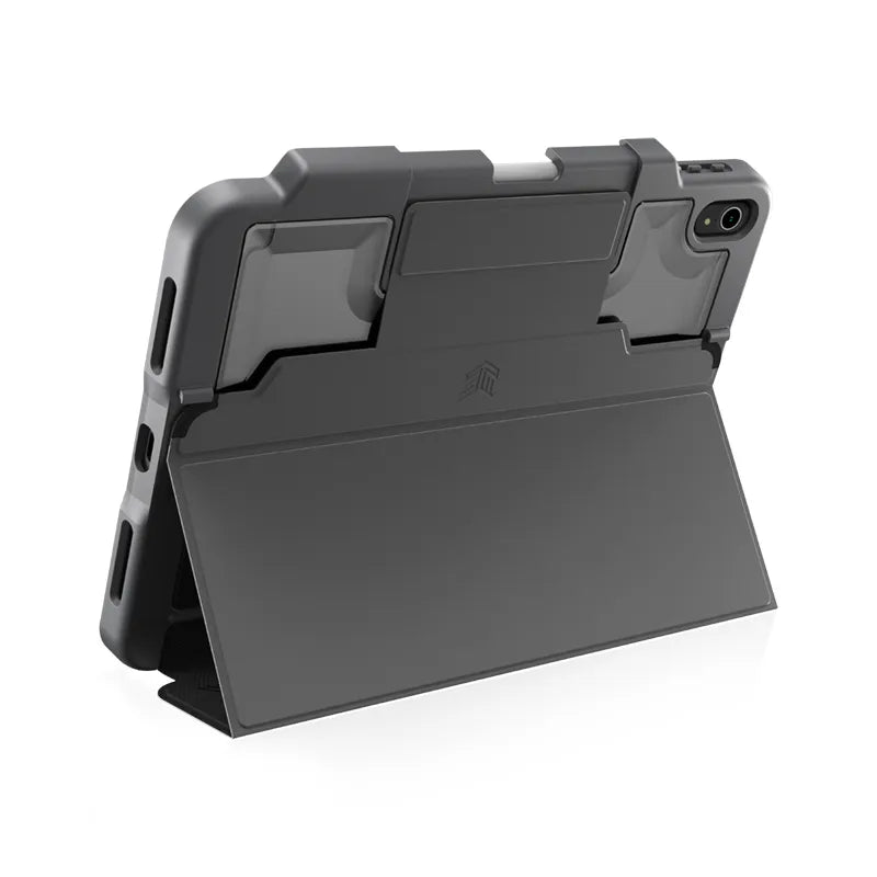 STM Dux Plus – tvirtas dėklas iPad 11“ (2025) / 10.9” (2022) MIL-STD-810G su Apple Pencil laikikliu (juodas) EDU/COM versija