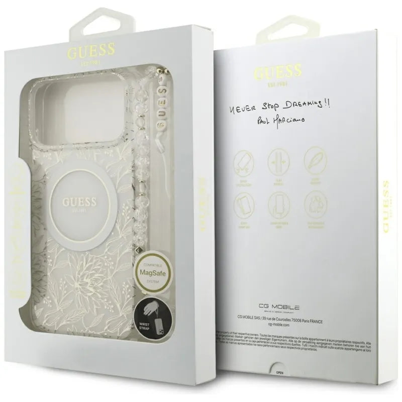 Guess IML Flowers Electro Pearl Strap MagSafe – Dėklas iPhone 17 Pro Max (baltas)