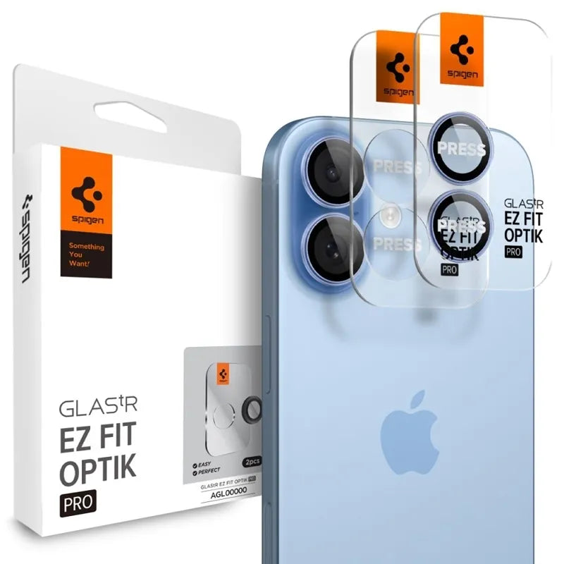 Spigen Optik Pro GLAS.TR EZ Fit fotoaparato apsauginis stikliukas (2 vnt.) – Stiklinė lęšių apsauga skirta iPhone 16 / 16 Plus / 17 (mėlyna)