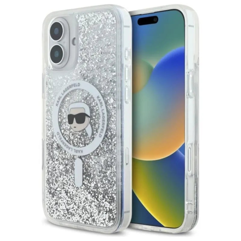 Karl Lagerfeld Liquid Glitter Karl Head MagSafe – dėklas iPhone 16 (skaidrus)