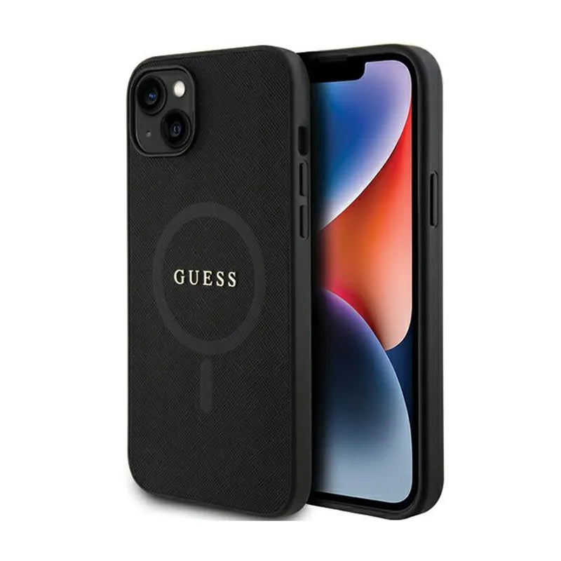 Guess Saffiano MagSafe - Dėklas iPhone 15 Plus (juodas)
