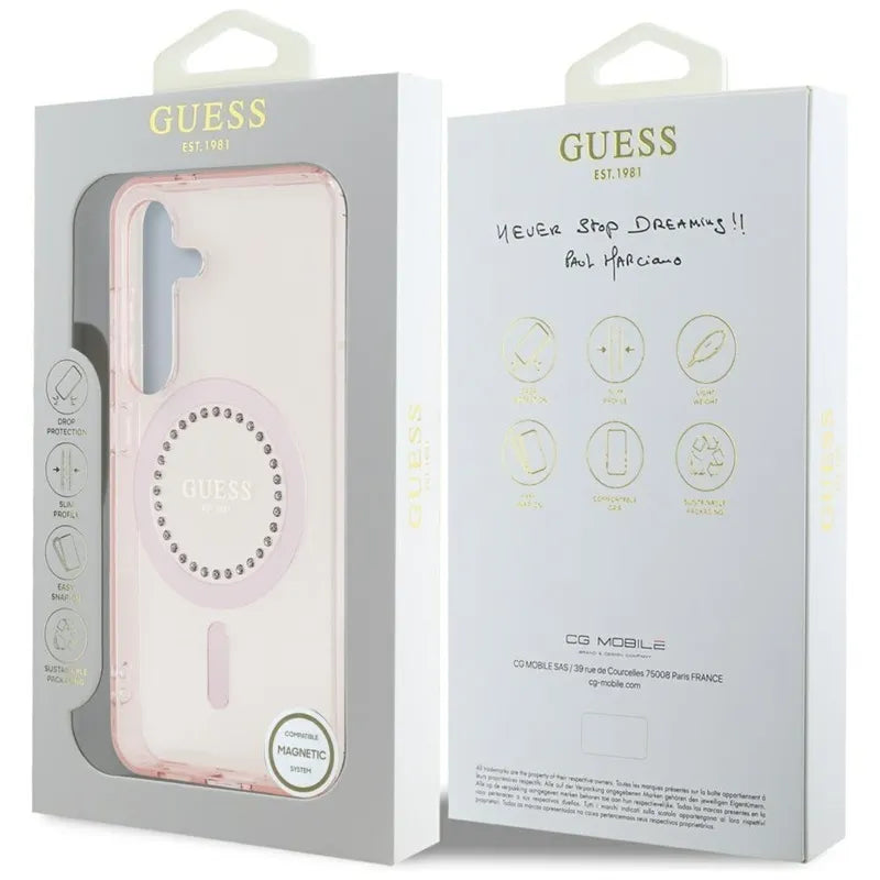 Guess Rhinestones Printed Classic Logo MagSafe - dėklas Samsung Galaxy S25 (rožinis)