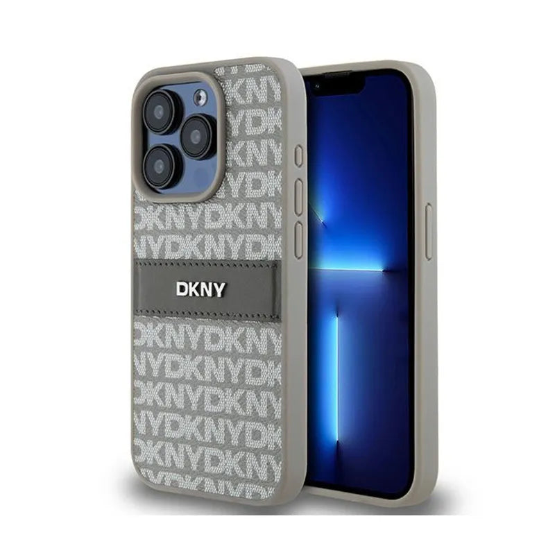 DKNY Leather Mono Stripe & Metal Logo – Dėklas, skirtas iPhone 15 Pro Max (smėlio spalvos)