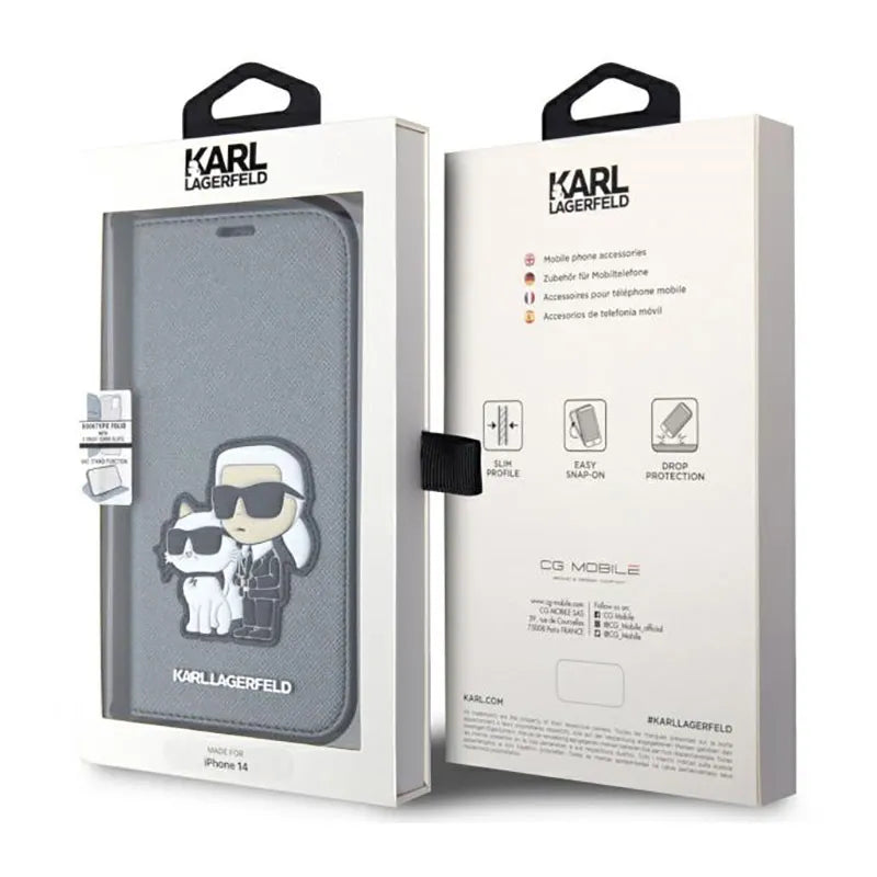 Karl Lagerfeld Booktype NFT Saffiano Karl & Choupette – dėklas iPhone 14 (sidabrinis)