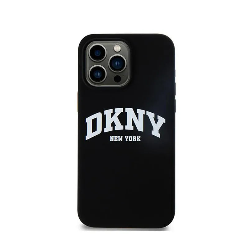 DKNY Liquid Silicone White Printed Logo MagSafe – dėklas iPhone 13 Pro Max telefonui (juodas)