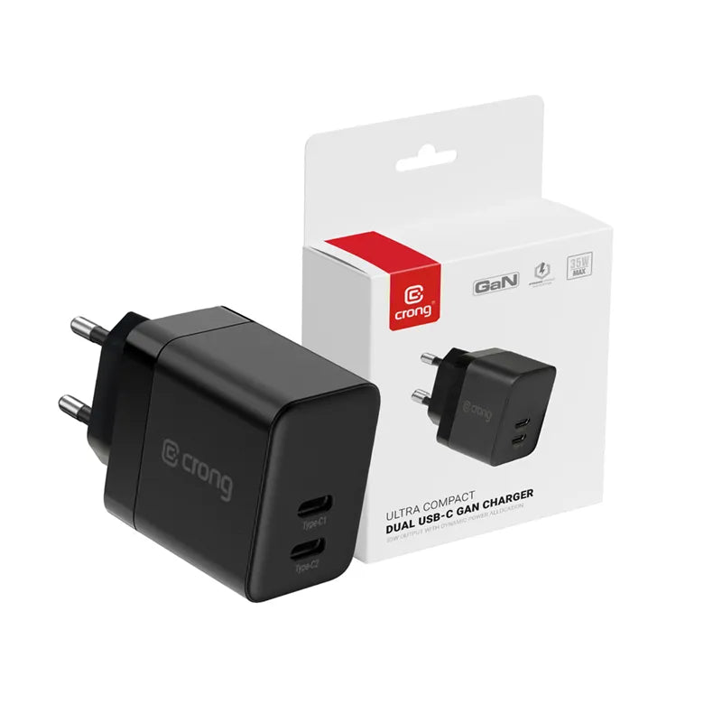 Crong Ultra Compact GaN – 2x USB-C 35W PD 3.0 sieninis įkroviklis su PPS (juodas)