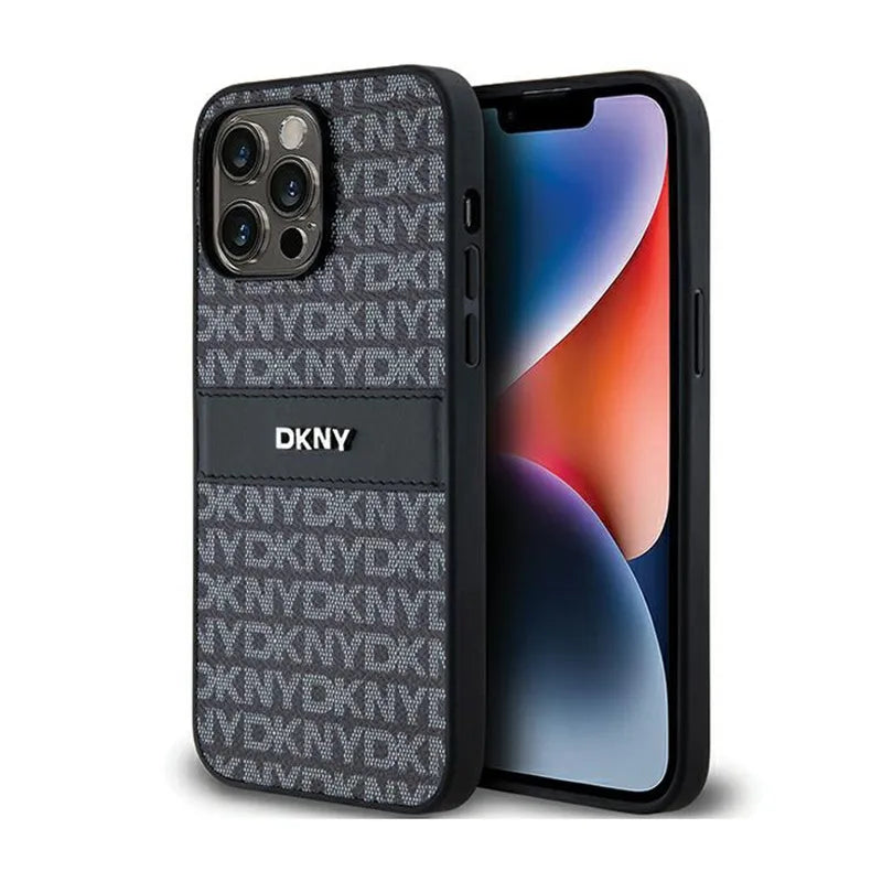 DKNY Leather Mono Stripe & Metal Logo – dėklas iPhone 14 Pro Max (juodas)