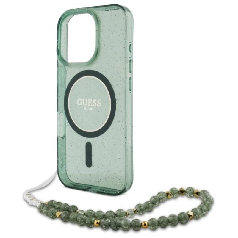 Guess IML Glitter With Pearl Strap MagSafe – dėklas iPhone 16 Pro Max (žalias)
