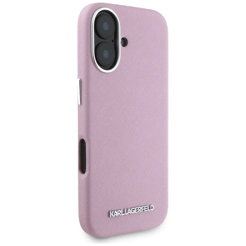 Karl Lagerfeld Saffiano Full Wrapped Elongated Metal Logo MagSafe - dėklas iPhone 16 (rožinis)