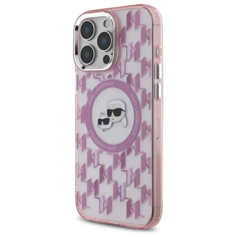 Karl Lagerfeld IML Monogram Karl & Choupette Head MagSafe – Dėklas iPhone 16 Pro (rožinis)