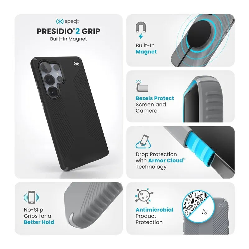 Speck Presidio2 Grip Magnet – dėklas Samsung Galaxy S25 Ultra su MagSafe (juodas/pilkas/baltas)