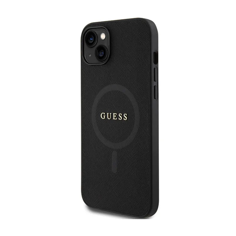 Guess Saffiano MagSafe - Dėklas iPhone 15 Plus (juodas)