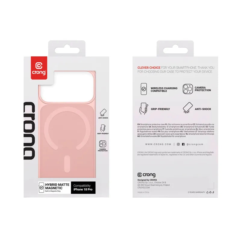 Crong Hybrid Matte Magnetic – MagSafe dėklas, skirtas iPhone 18 Pro / 17 Pro (rožinis)