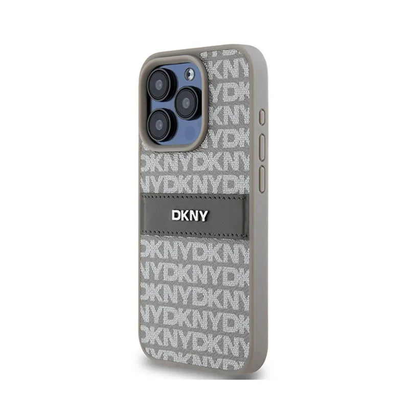 DKNY Leather Mono Stripe & Metal Logo – Dėklas, skirtas iPhone 15 Pro Max (smėlio spalvos)
