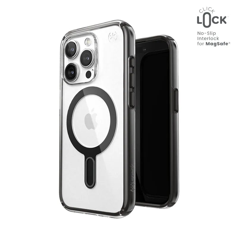 Speck Presidio Perfect-Clear ClickLock & MagSafe – iPhone 15 Pro dėklas (skaidrus / matinis juodas / pilkas)