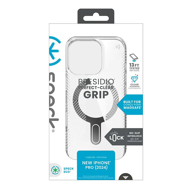 Speck Presidio Perfect-Clear Grip ClickLock & MagSafe – dėklas iPhone 16 Pro (skaidrus / chromuota apdaila / Serene Silver)