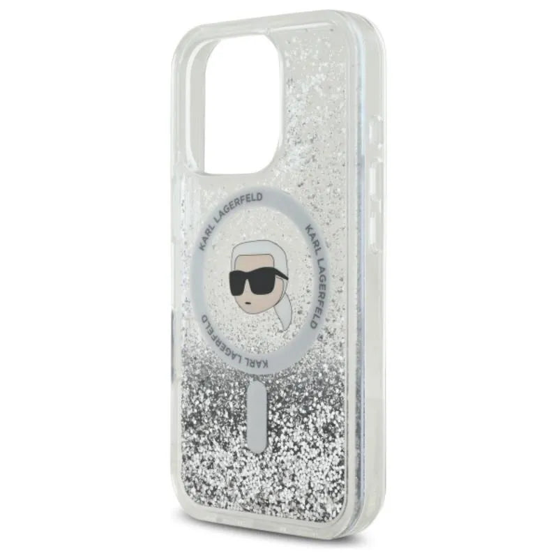 Karl Lagerfeld Liquid Glitter Karl Head MagSafe – dėklas „iPhone 16 Pro“ (skaidrus)