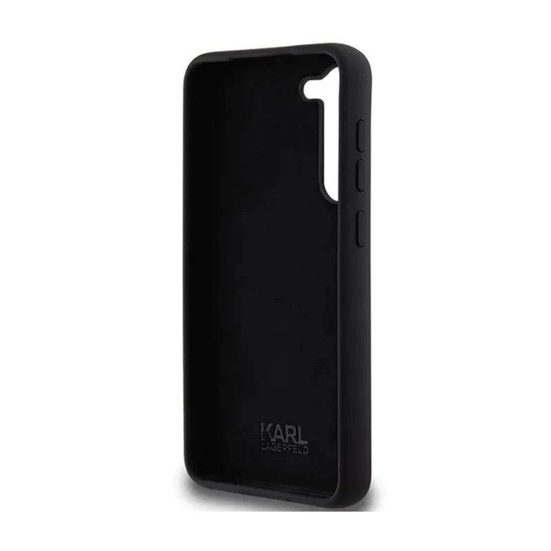 Karl Lagerfeld Silicone Karl & Choupette Metal Pin dėklas Samsung Galaxy S24+ (juodas)