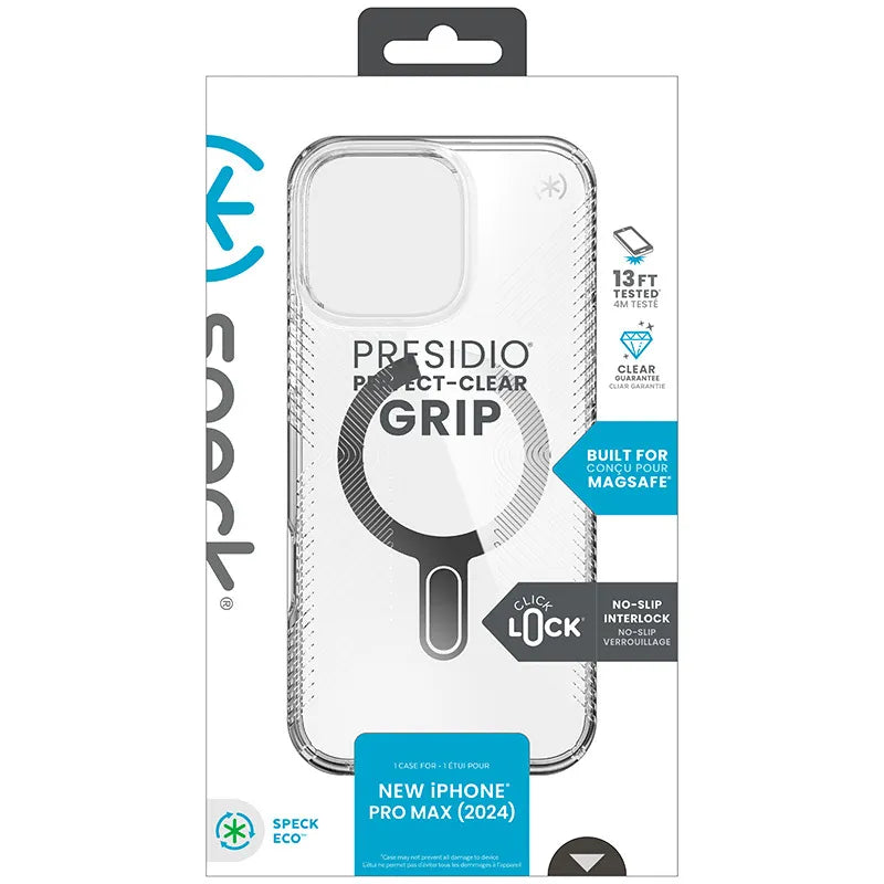 Speck Presidio Perfect-Clear Grip ClickLock & MagSafe – Dėklas iPhone 16 Pro Max (Skaidrus / Chromuota apdaila / Serene Silver)