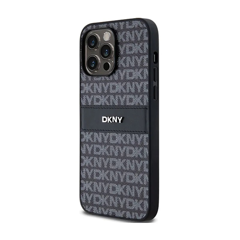 DKNY Leather Mono Stripe & Metal Logo – dėklas iPhone 14 Pro Max (juodas)