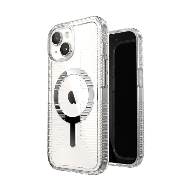 Speck Gemshell Grip + MagSafe – dėklas iPhone 17e / 16e / 15 / 14 / 13 (skaidrus / chromo apdaila)