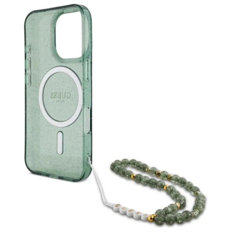 Guess IML Glitter With Pearl Strap MagSafe – dėklas iPhone 16 Pro Max (žalias)