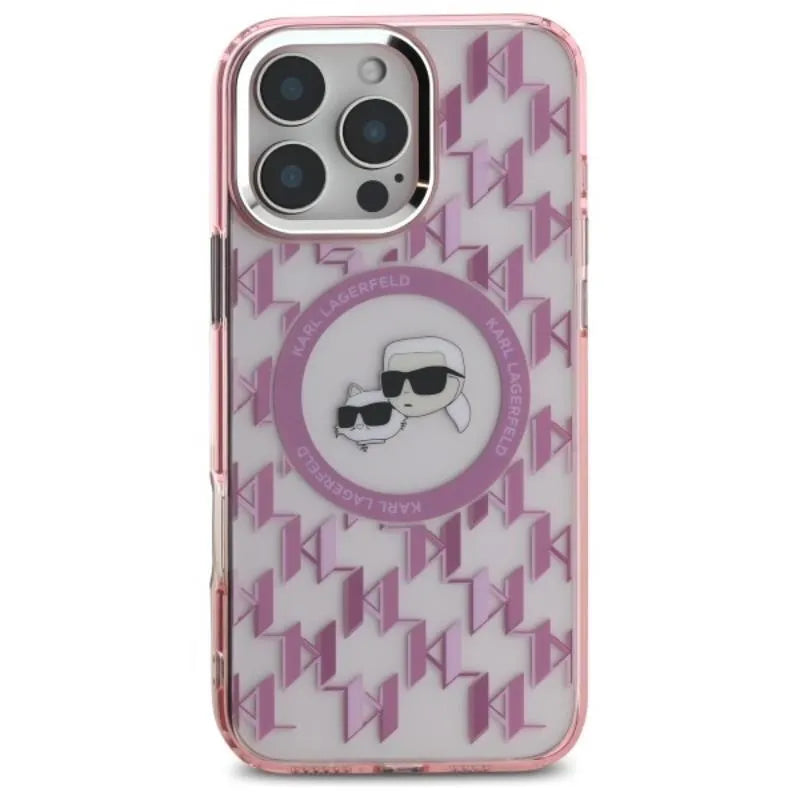 Karl Lagerfeld IML Monogram Karl & Choupette Head MagSafe – Dėklas iPhone 16 Pro (rožinis)