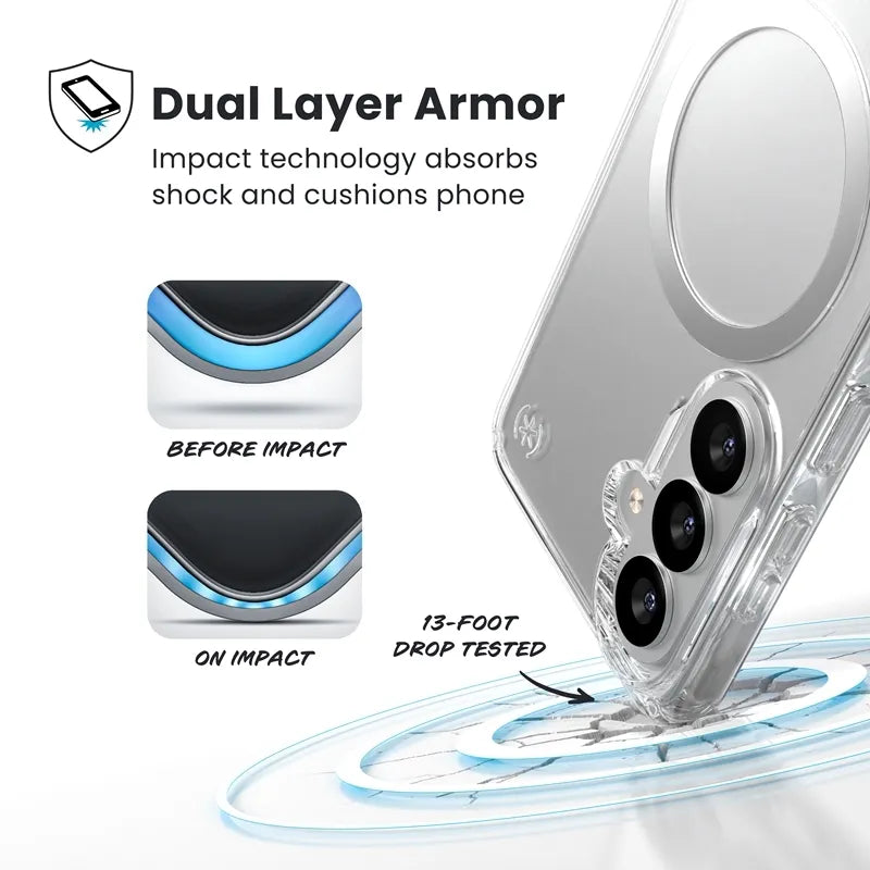 Speck Presidio Perfect-Clear Magnet – Samsung Galaxy S26 MagSafe dėklas (skaidrus/sidabrinis)