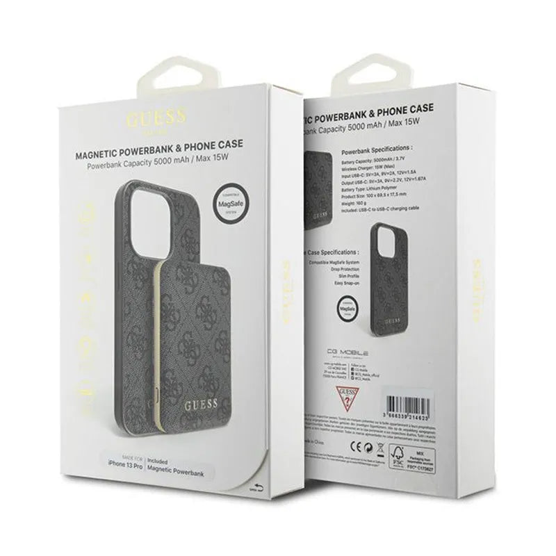 „Guess“ rinkinys „Bundle Pack MagSafe 4G Metal Gold Logo“ – dėklas ir 5000 mAh „MagSafe“ išorinė baterija, skirtas „iPhone 13 Pro“ (juodas)