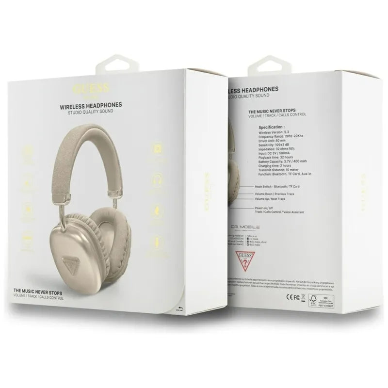 Guess Metallic Triangle Logo – belaidės ant ausų dedamos Bluetooth V5.3 ausinės (auksinės)