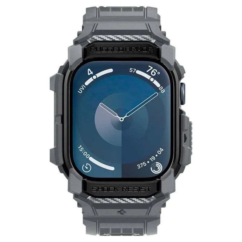 Spigen Rugged Armor Pro – apyrankė su dėklu, skirta „Apple Watch 10 46 mm“ (tamsiai pilka)