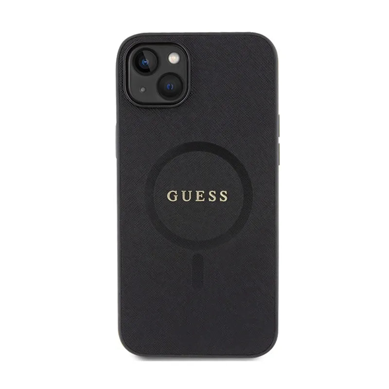 Guess Saffiano MagSafe - Dėklas iPhone 15 Plus (juodas)