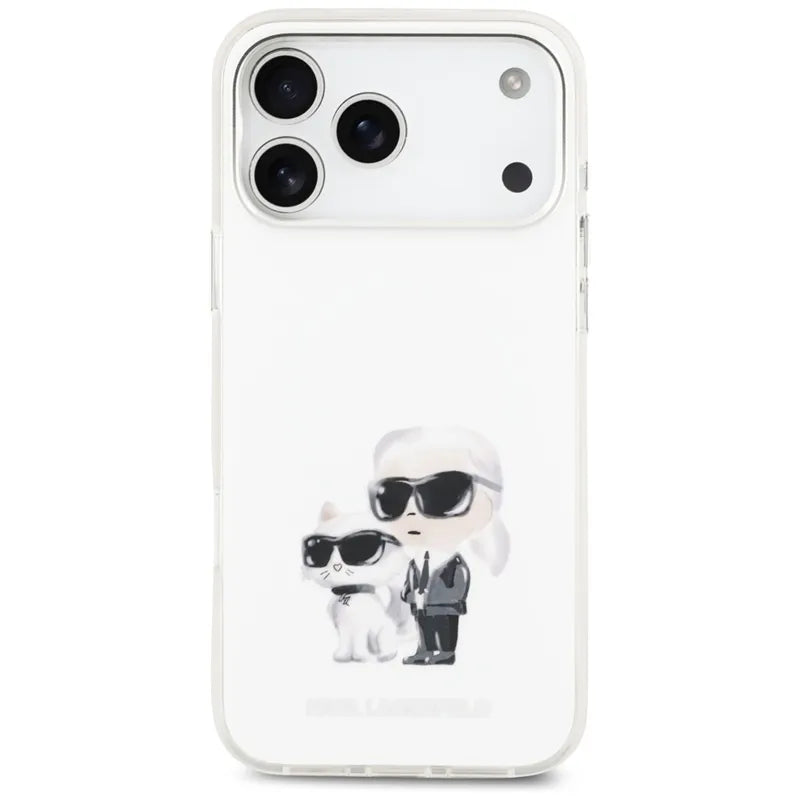 Karl Lagerfeld IML Aquarelle Karl & Choupette & Logo MagSafe dėklas, skirtas iPhone 17 Pro Max (baltas)