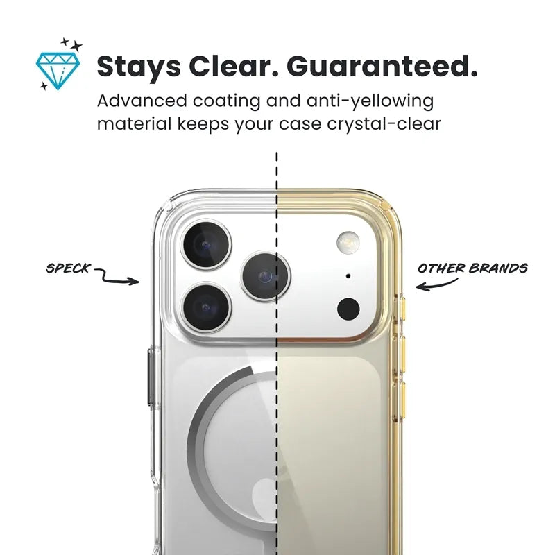 Speck Presidio Perfect Clear MagSafe – iPhone 17 Pro dėklas (skaidrus / sidabrinis)