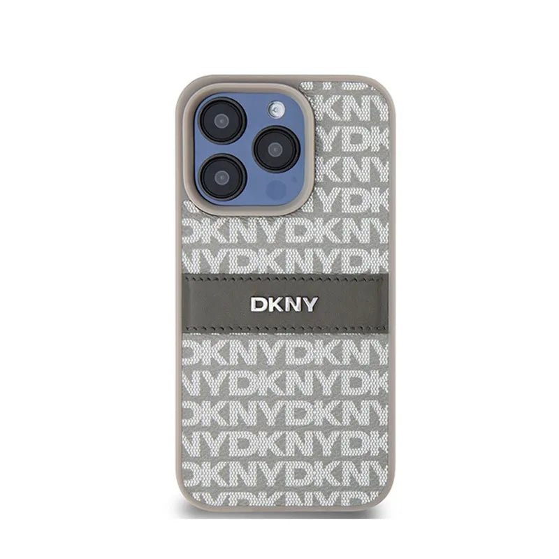 DKNY Leather Mono Stripe & Metal Logo – Dėklas, skirtas iPhone 15 Pro Max (smėlio spalvos)