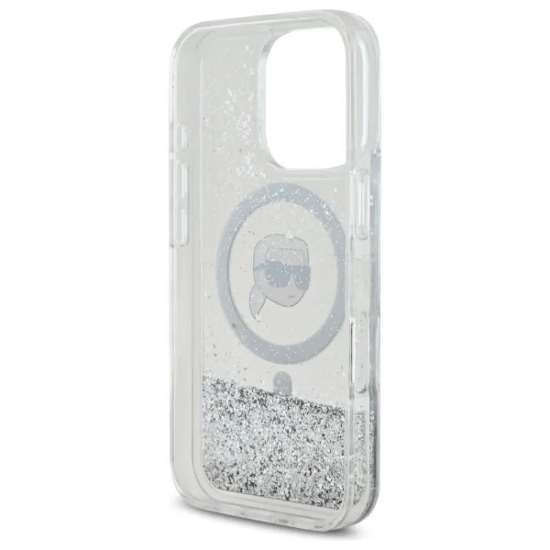 Karl Lagerfeld Liquid Glitter Karl Head MagSafe – dėklas „iPhone 16 Pro“ (skaidrus)