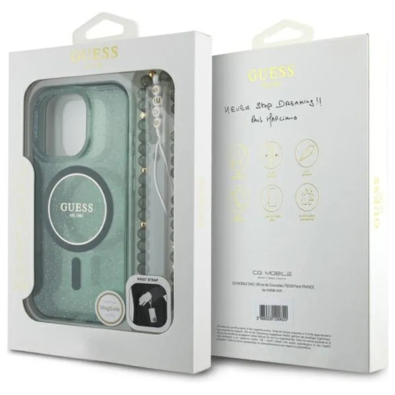Guess IML Glitter With Pearl Strap MagSafe – dėklas iPhone 16 Pro Max (žalias)